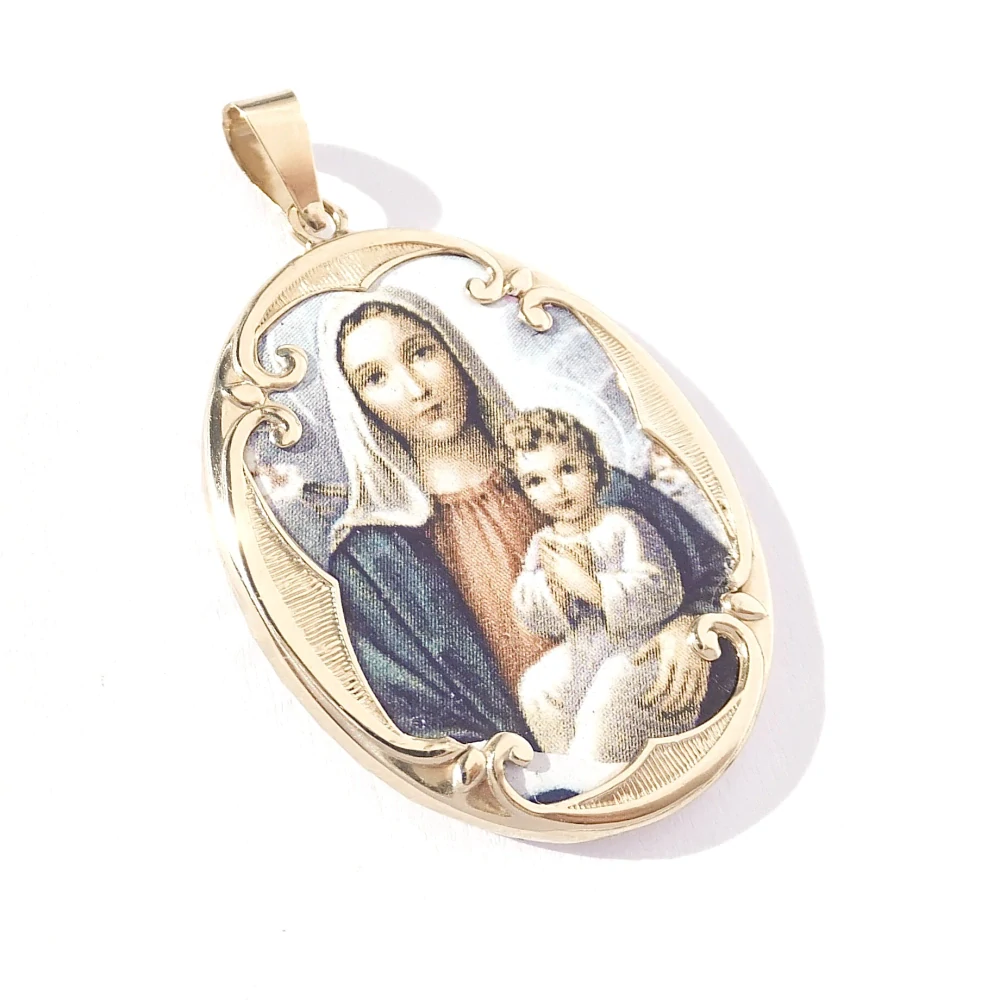 Zlatý přívěsek Madonka, Au 14K 585/1000, celková váha 6,26 g, použité zlato
