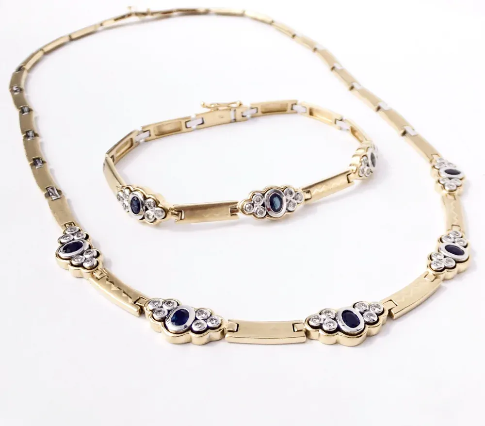 Zlatý náhrdelník se safíry a diamanty, Au 18K 750/1000, váha 44,11 g, použité zlato