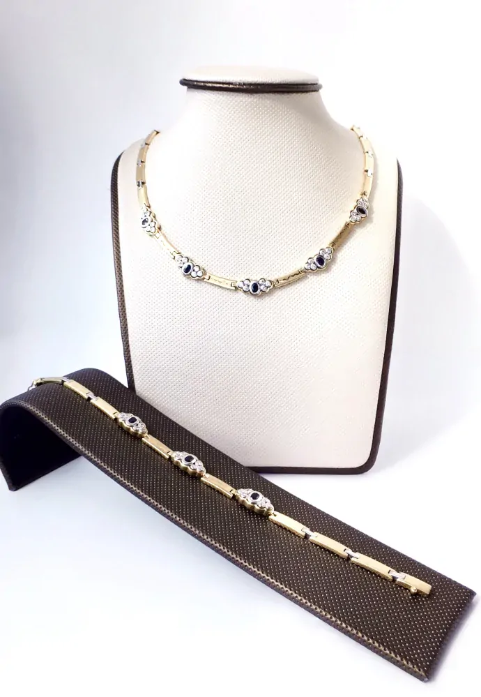 Zlatý náhrdelník se safíry a diamanty, Au 18K 750/1000, váha 44,11 g, použité zlato