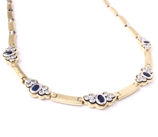 Zlatý náhrdelník se safíry a diamanty, Au 18K 750/1000, váha 44,11 g, použité zlato